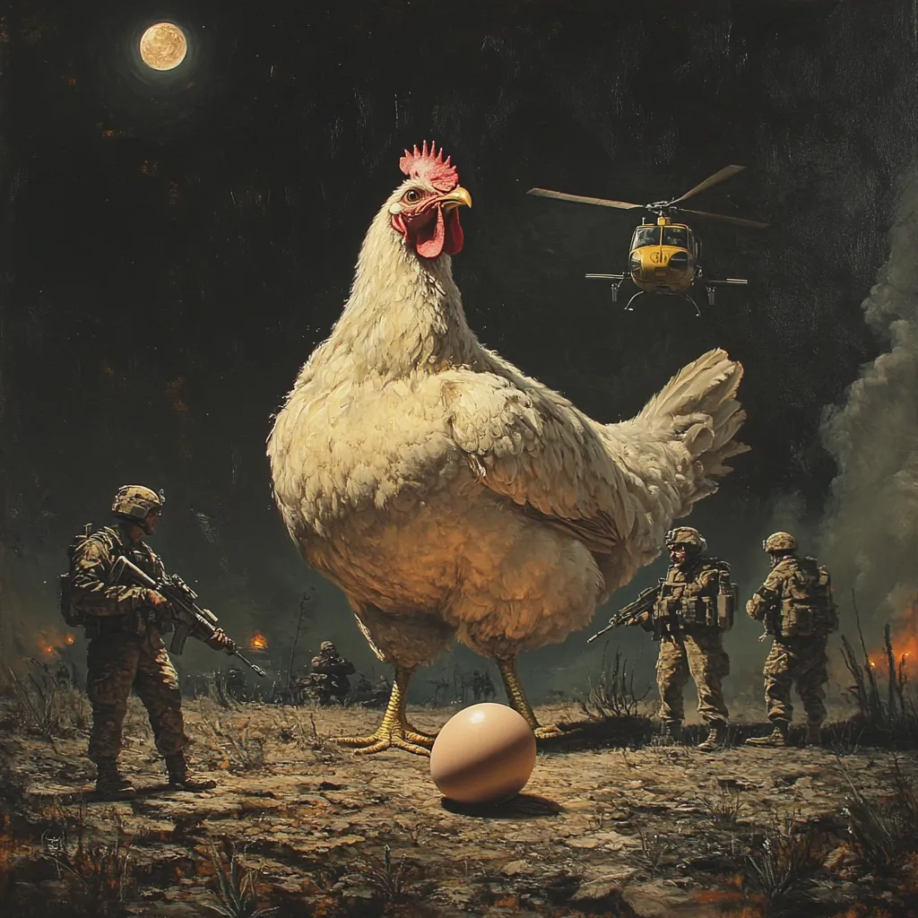 A colossal chicken dominates a nocturnal battlefield scene.  Soldiers, armed and watchful, stand before it, their presence dwarfed by the enormous bird.  A helicopter hovers overhead, adding to the surreal, nightmarish atmosphere. A single, oversized egg rests at the chicken's feet, amplifying the bizarre scale of the painting.  The dark background and moonlit sky enhance the dramatic and unsettling mood.
