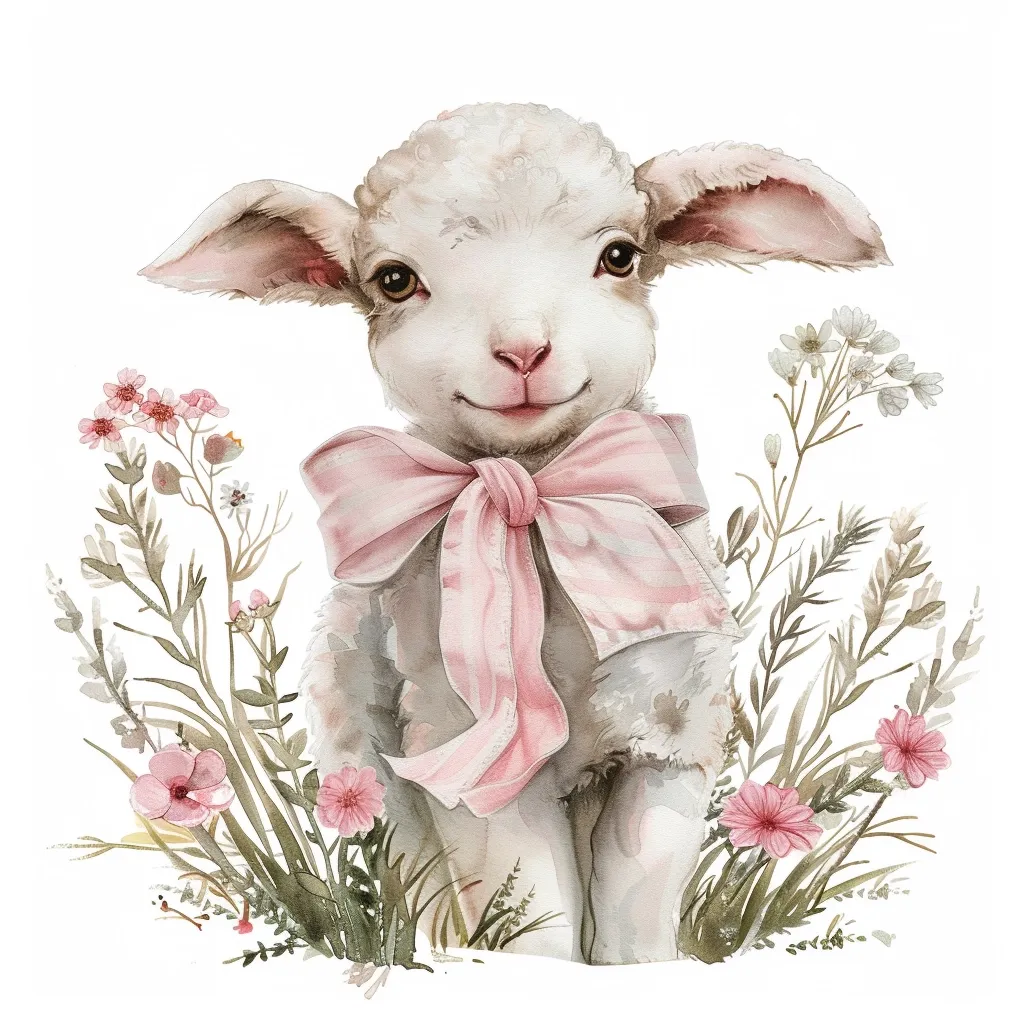 A watercolor painting of a cute lamb. The lamb is white with soft gray fur and has a pink bow around its neck. It is standing in a field of wildflowers, which are a mix of pink, white, and green hues.  The style is charming and whimsical, perfect for children's illustrations or greeting cards. The background is white, making the lamb and flowers stand out beautifully.