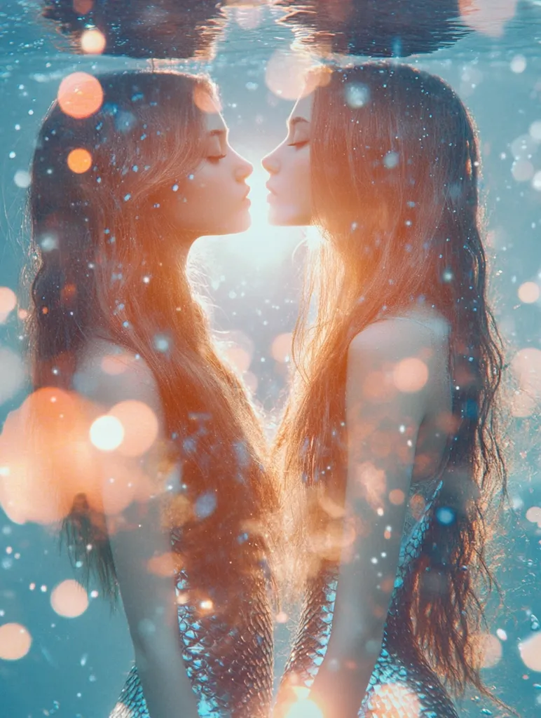 Two women with long flowing hair, resembling mermaids in shimmering, scale-like outfits, face each other underwater.  A soft, ethereal light illuminates them, creating a dreamy, romantic atmosphere.  Bokeh-like light particles dance around them, enhancing the magical underwater scene.  Their faces are close, suggesting intimacy and connection.