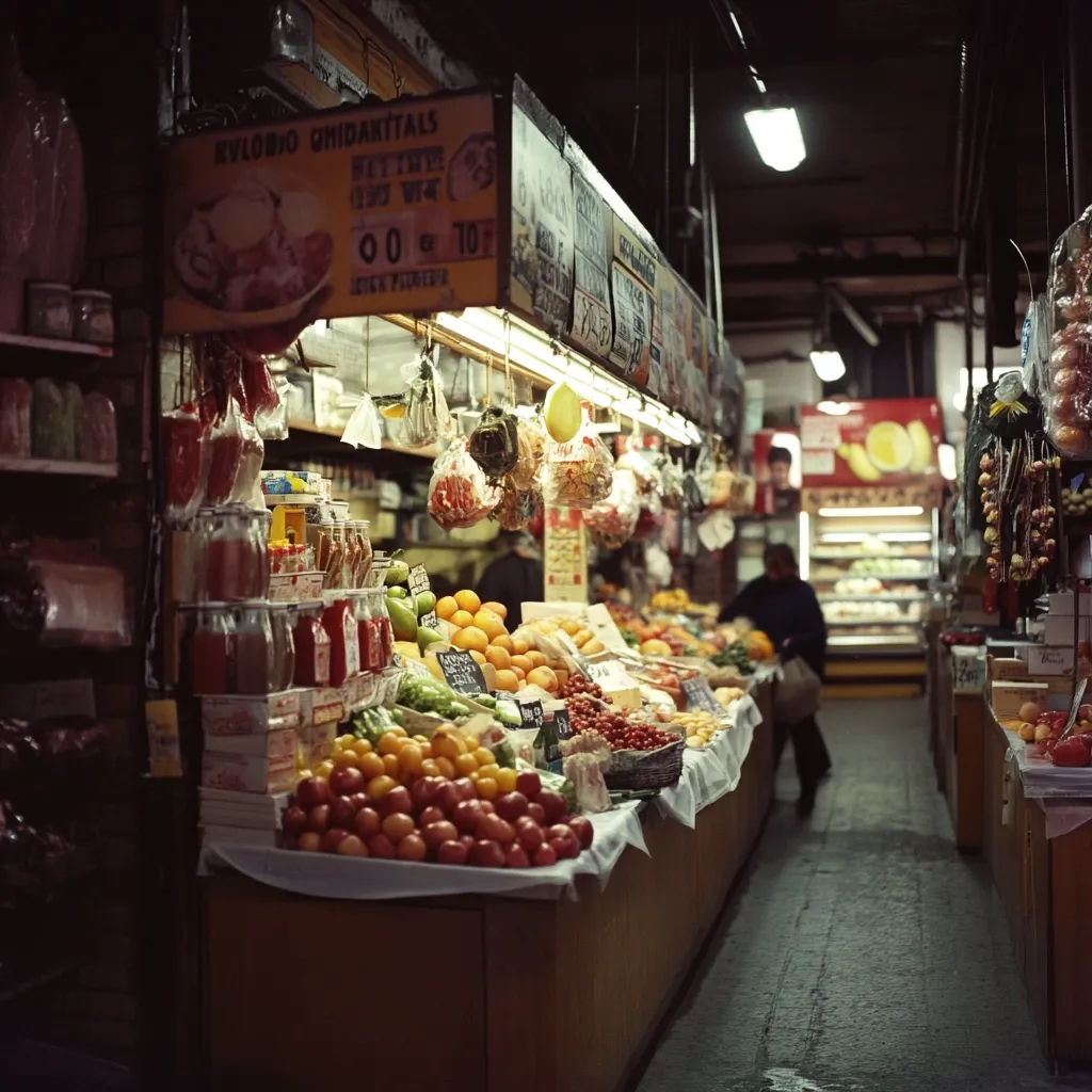 A bustling indoor market, brightly lit, showcases an array of fresh produce.  Oranges, tomatoes, and other fruits are prominently displayed on wooden counters, creating a vibrant and colorful scene. Jars of preserved goods line the shelves behind, adding to the market's atmosphere. A shopper can be seen in the background, adding a sense of scale and activity to the lively market.  Hand-painted signs advertise local goods.