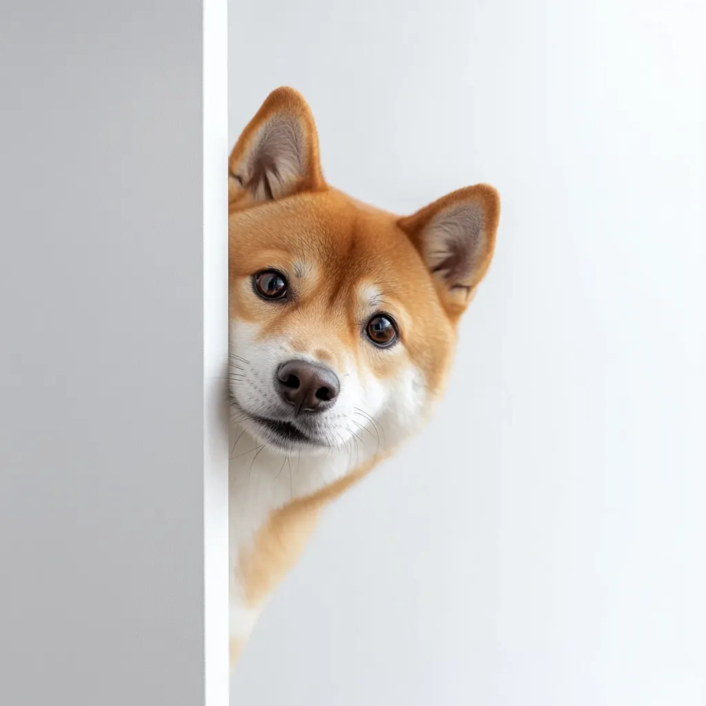 A Shiba Inu dog peeks from behind a white wall or door, its head and shoulders visible.  The dog's expressive brown eyes and inquisitive gaze are captivating.  The light fur around its muzzle contrasts with its reddish-brown coat. The background is a simple, neutral white.  The overall image is clean and evokes a sense of playful curiosity.