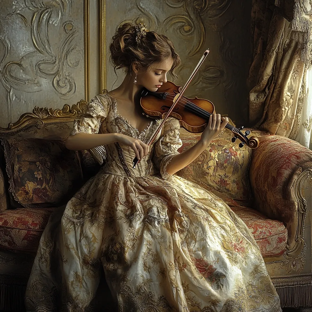 A young woman in an ornate, cream-colored gown sits on a lavish antique sofa.  Her hair is elegantly styled, and she delicately plays a violin, her posture graceful and serene. The richly decorated room enhances the regal atmosphere, creating a timeless and elegant scene.  The warm lighting and detailed textures create a sense of warmth and sophistication.