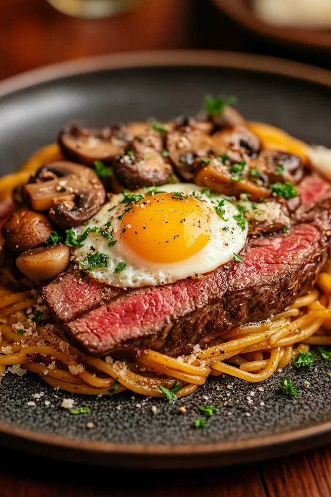 A delicious plate of food featuring a perfectly seared steak topped with a fried egg.  Sautéed mushrooms and spaghetti are nestled around the steak, seasoned with herbs and parmesan cheese. The rich colors and textures create a visually appealing and appetizing dish.  It's presented on a dark-colored plate, enhancing the contrast.