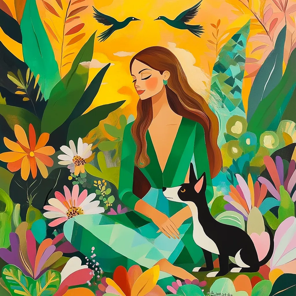 A serene woman in a vibrant green dress sits amidst a lush, colorful garden.  Two birds fly overhead in a sunny sky.  She sits peacefully with a small black and white dog, her eyes closed in contemplation.  The artwork is characterized by bold colors and stylized floral elements, creating a tranquil and joyful atmosphere.