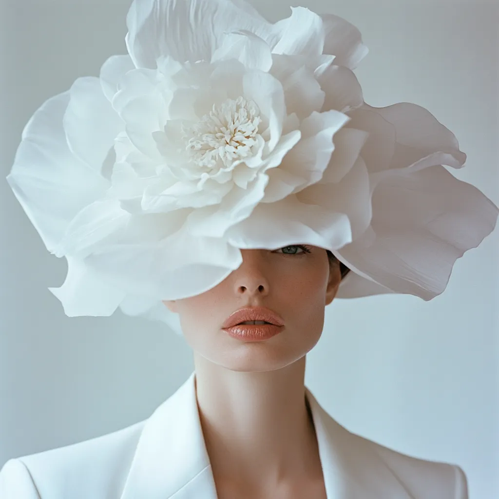 A woman's face is partially obscured by a large, white, paper flower hat.  The hat is dramatically oversized, its petals cascading around her head.  She wears a crisp white blazer, and her makeup is subtle.  The image is minimalist and elegant, focusing on the contrast between the delicate hat and the woman's serene expression. The overall aesthetic is high fashion and sophisticated.