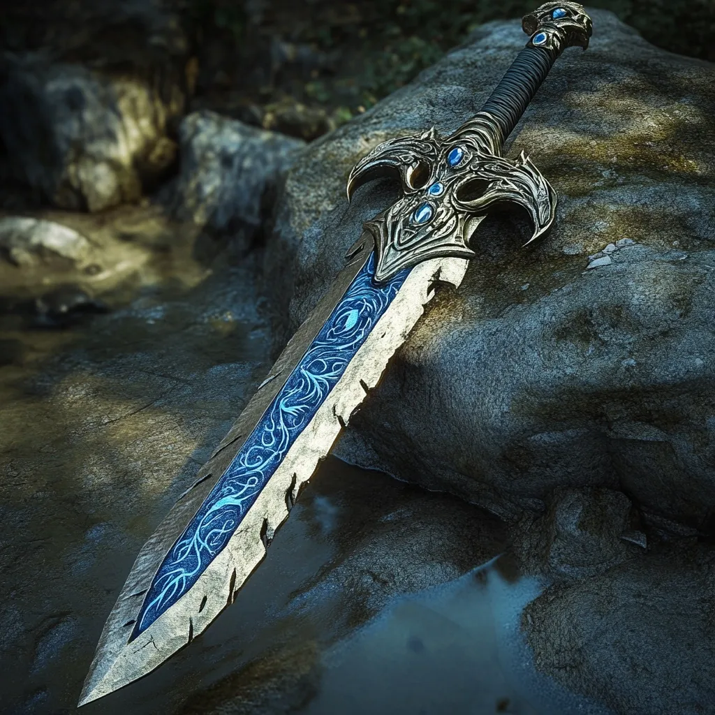 An ornate, fantasy sword rests on a wet rock near a stream.  The blade is etched with intricate, glowing blue designs, and the hilt is adorned with gold detailing and blue gemstones. The sword appears weathered, suggesting age and perhaps battle. The overall setting evokes a mystical or adventurous atmosphere.