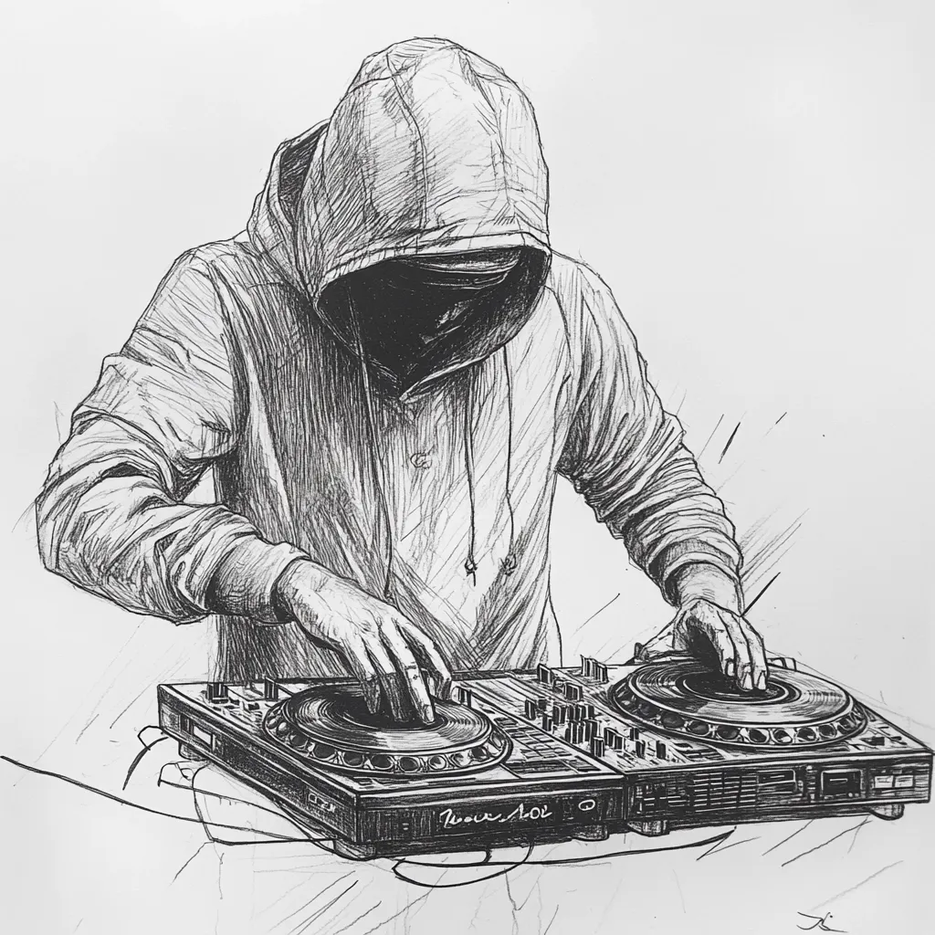 A detailed pen-and-ink sketch depicts a hooded figure, their face obscured, expertly manipulating a Pioneer DJ mixer. The artist masterfully uses shading and linework to convey texture and depth, creating a sense of dynamism and mystery. The figure's focus is entirely on the equipment, suggesting a dedication to their craft. The overall style is realistic, with a hint of urban grit.