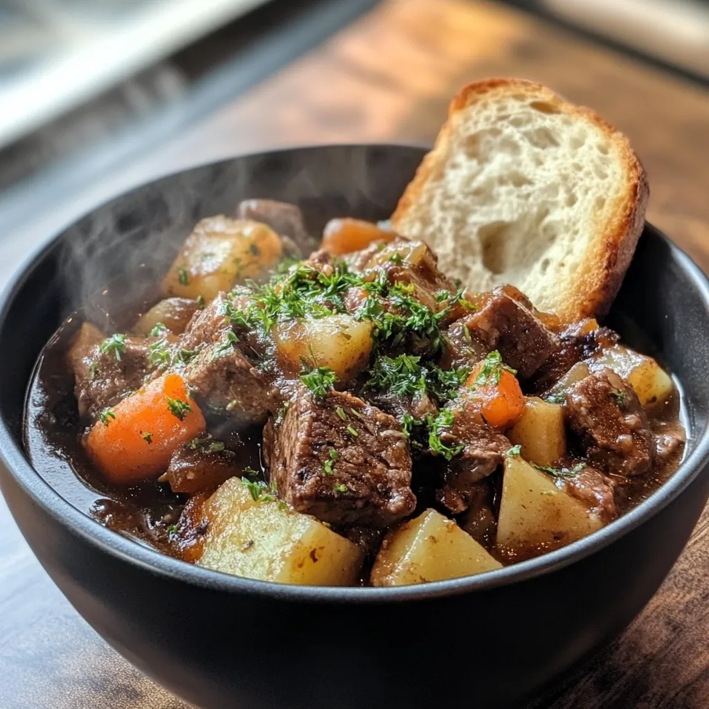 A steaming bowl of beef stew is presented, garnished with fresh parsley.  Large chunks of beef are visible alongside potatoes and carrots in a rich, dark gravy. A piece of crusty bread sits atop the stew, adding to the rustic appeal of the hearty dish. The bowl is dark-colored, contrasting beautifully with the warm tones of the food.
