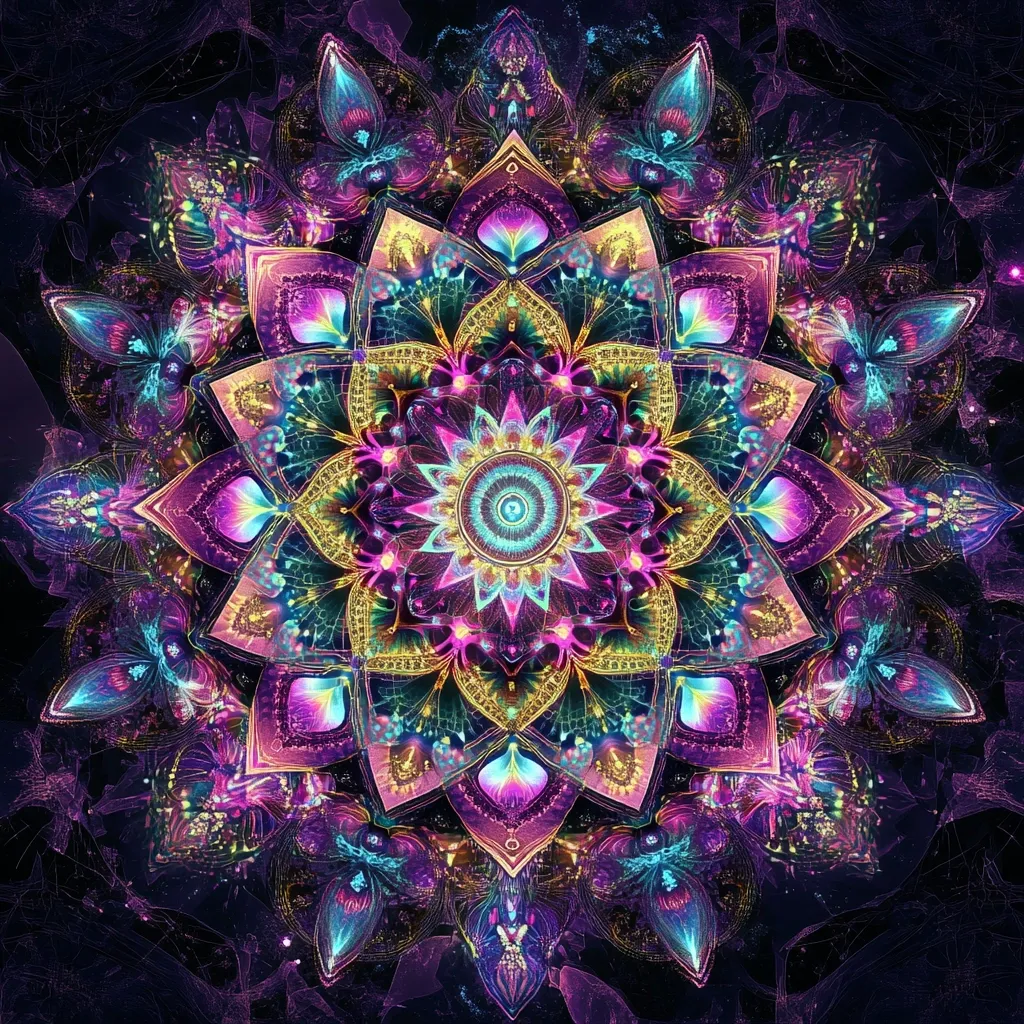 A vibrant, intricately detailed mandala bursts with color.  Layers of glowing purple, pink, teal, and gold petals form a symmetrical design, radiating outward from a central turquoise core.  Delicate, almost ethereal, floral elements surround the main mandala, adding depth and complexity to the psychedelic artwork. The dark background enhances the mandala's luminescence, creating a mesmerizing and captivating visual experience.