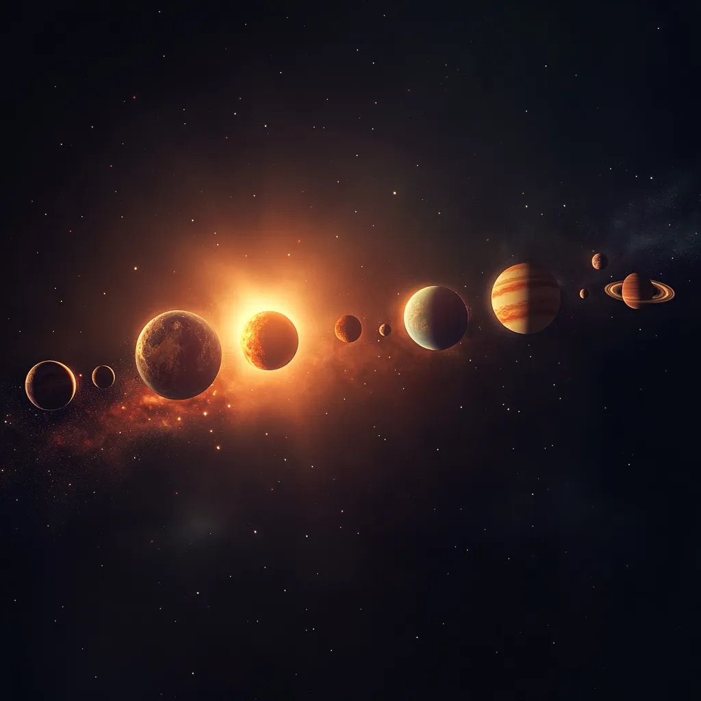 A vibrant depiction of a solar system showcases a radiant star at its center, surrounded by several planets of varying sizes and colors.  The planets orbit the star in a seemingly flat plane, their surfaces exhibiting diverse textures and hues. The background is a dark expanse of space speckled with distant stars, creating a dramatic cosmic scene.  The image is rich in detail and color, suggesting a dynamic and awe-inspiring celestial arrangement.