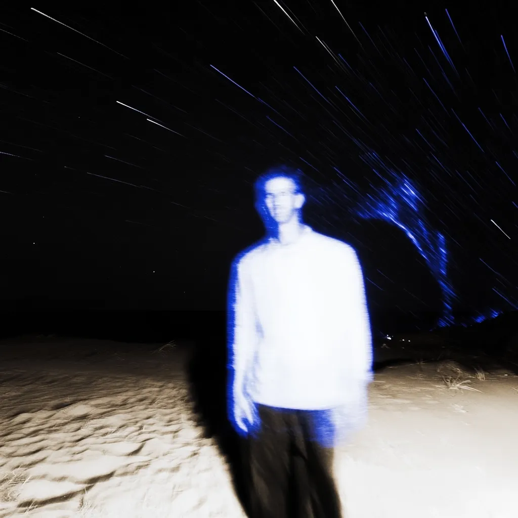 A blurry, ethereal figure of a man stands on a snow-covered ground under a night sky filled with vibrant, blue star trails. The image is dreamlike and surreal, with the man appearing translucent and slightly ghostly against the backdrop of the dynamic celestial movement. The overall mood is mysterious and otherworldly.