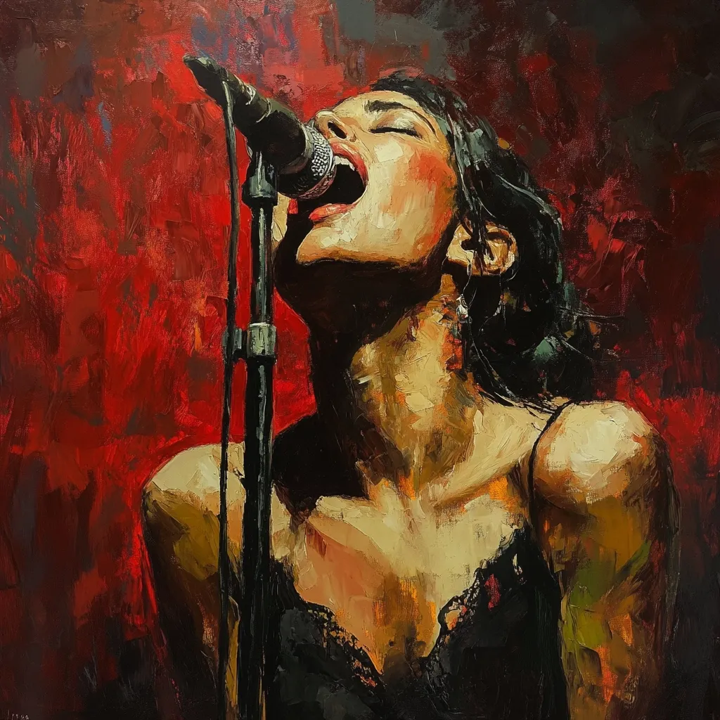 A vibrant impasto painting captures a female vocalist passionately singing into a microphone.  Her head is tilted back, eyes closed, expressing intense emotion.  The rich, dark red background contrasts with her lighter skin tones and the black of her dress, creating a dramatic stage effect. The brushstrokes are bold and expressive, emphasizing the energy of the performance.