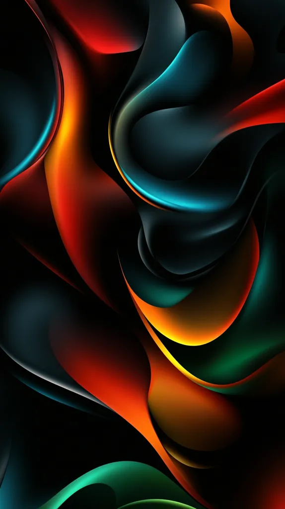 An abstract image features swirling, vibrant colors against a black background.  Deep teal, fiery orange, and rich red hues blend and contrast, creating a dynamic, almost liquid-like effect.  The shapes are smooth and glossy, suggesting movement and depth.  The dark backdrop intensifies the vibrancy of the colors, resulting in a striking and visually engaging piece.