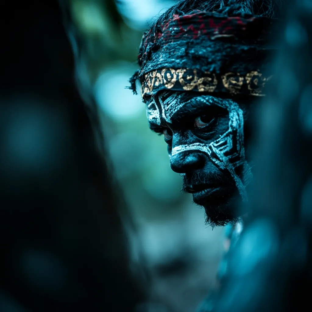 A close-up shot reveals a man's face, adorned with intricate blue and white tribal markings.  His expression is serious, almost defiant. He wears a dark head wrap with gold detailing.  The background is blurred, suggesting a lush, natural environment. The overall mood is intense and mysterious, highlighting the power and tradition embedded in his appearance.  The image is dark and moody, with a teal tone dominating.