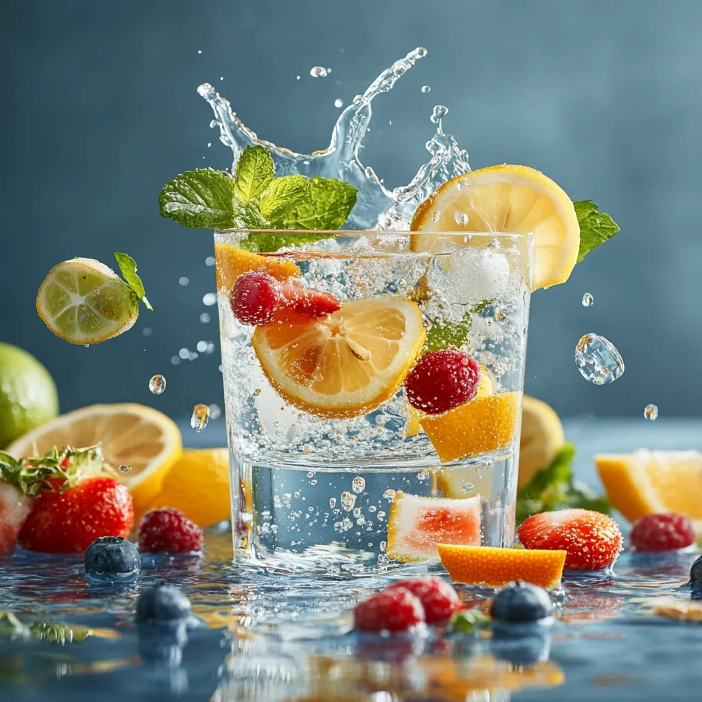 A refreshing glass of fruit-infused water is captured mid-splash.  Lemon slices, raspberries, strawberries, and blueberries are suspended in sparkling water, with fresh mint adding a touch of green.  The vibrant colors and dynamic splash create a visually appealing image of a healthy and delicious summer beverage.  Surrounding the glass are additional fruits, enhancing the overall sense of freshness.