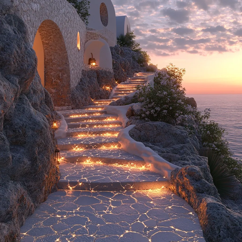 A stone staircase, illuminated by warm lights, winds down a cliffside towards a tranquil ocean at sunset.  White, cave-like structures with arched entrances line the path.  The scene evokes a sense of serenity and magical ambiance, with the glowing lights mirroring stars on the pathway.  Lush greenery accents the rocky terrain.