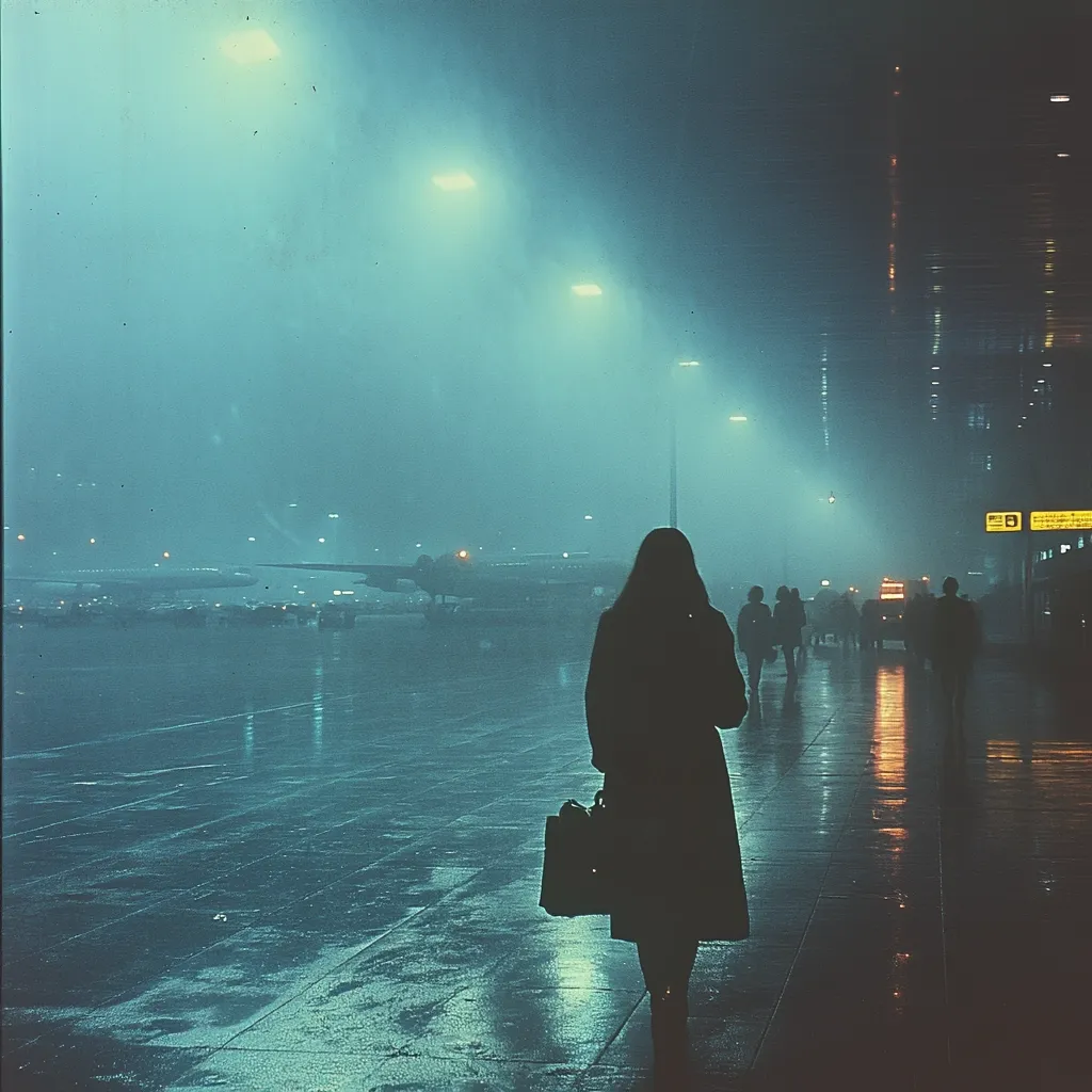 A lone woman, silhouetted against a misty night, walks away from a plane on a rain-slicked airport tarmac.  The scene is bathed in the cool blue light of airport lamps, casting reflections on the wet ground.  Other figures are visible in the distance, blurred by the fog and distance. The atmosphere is melancholic and evocative of travel and departure.