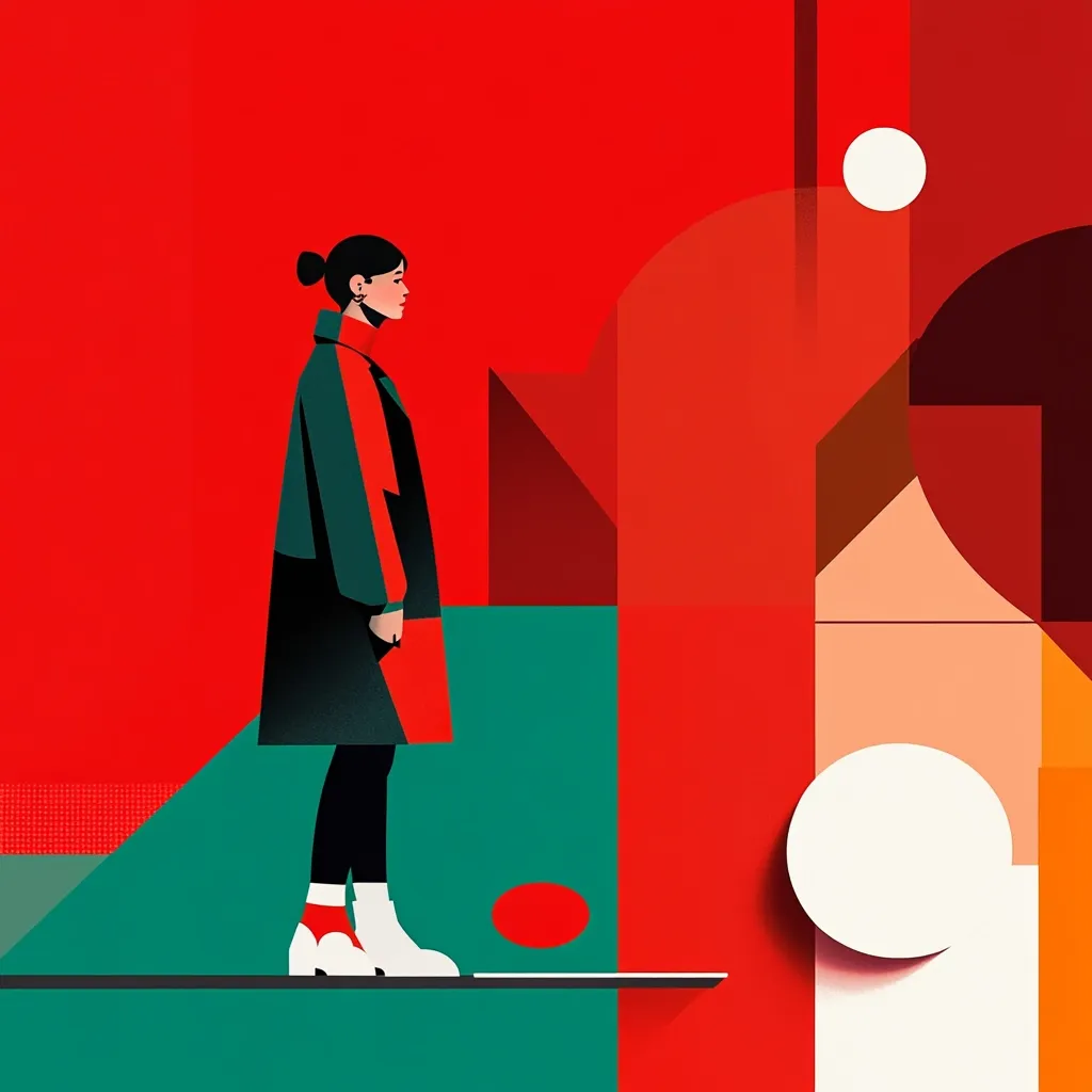 A stylized illustration depicts a woman in a teal and black coat, red socks, and white boots standing on a teal platform.  The background is a vibrant abstract composition of red and teal geometric shapes, with circles adding a playful contrast. The overall style is bold and graphic, emphasizing clean lines and a limited color palette.  The woman's pose suggests contemplation against the dynamic backdrop.