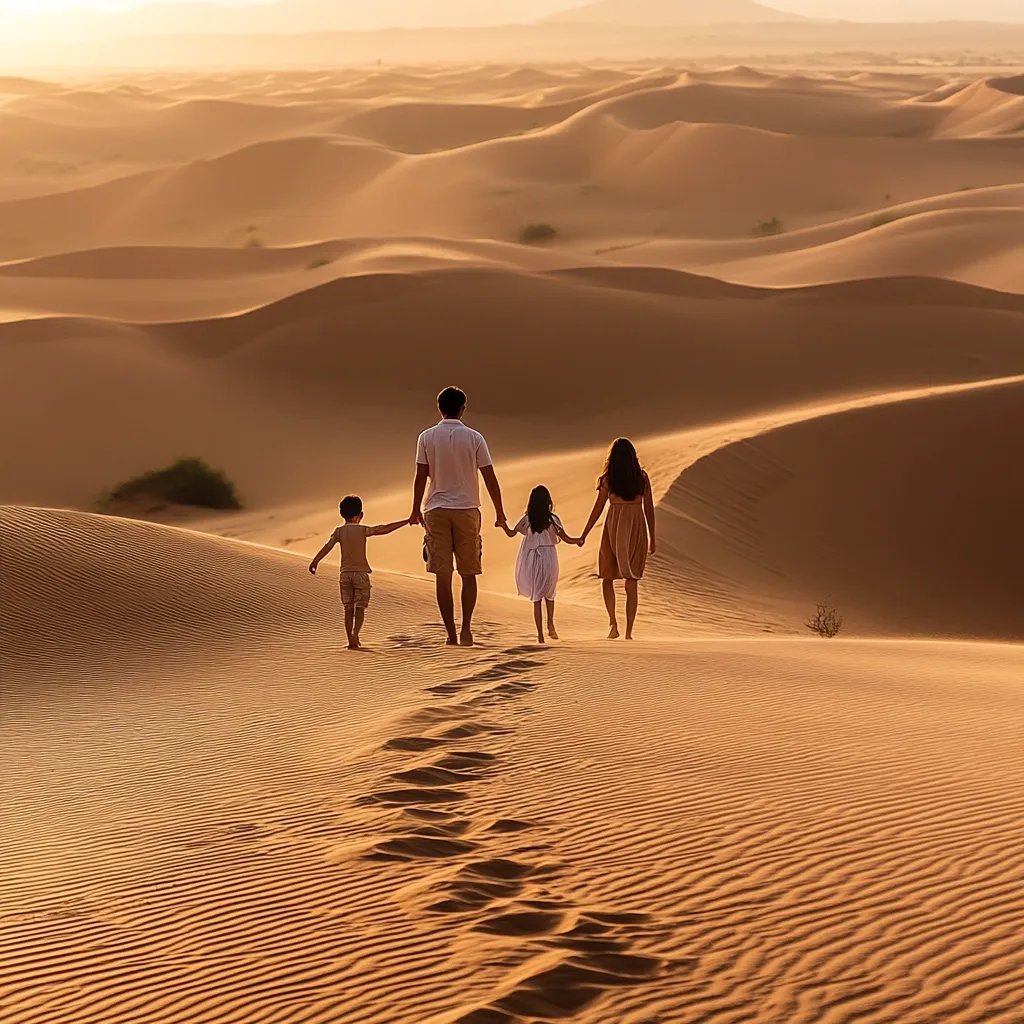 A family of four walks hand-in-hand across a vast, undulating desert landscape at sunset.  The parents, a boy, and a girl leave footprints in the sand as they traverse the golden dunes. The warm light casts long shadows, creating a serene and picturesque scene of family adventure in the desert.