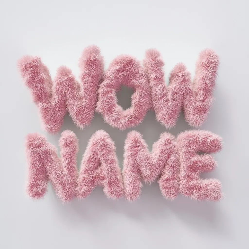 The words "WOW NAME" are depicted in a three-dimensional, fluffy, pink font.  Each letter is rendered as a cloud of soft, light pink fur against a plain white background. The style is whimsical and playful, suggesting a soft, luxurious, or cute aesthetic.