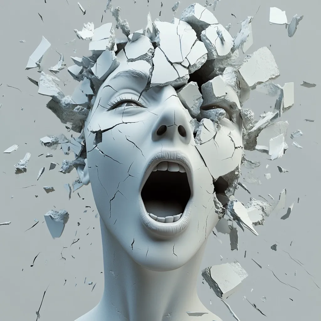 A 3D rendering depicts a woman's head shattering into fragments.  Her mouth is open in a silent scream, her face fractured and crumbling.  The pieces are flying outward, creating a dynamic explosion of grey stone against a muted background. The image suggests intense emotional distress or mental breakdown.