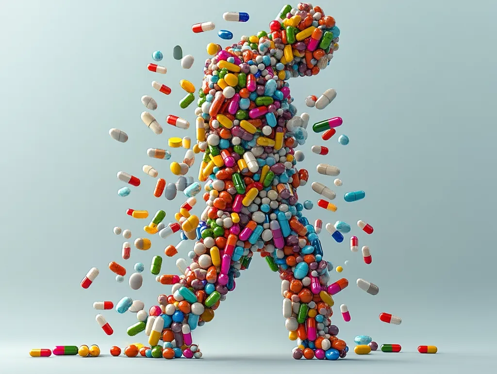 A 3D rendering depicts a human figure formed entirely of colorful pills and capsules. The figure is depicted walking, with pills falling off its body, suggesting the concept of medication overload or the burden of illness and treatment.  The vibrant colors of the pills contrast with the pale blue background, highlighting the visual impact of the overwhelming amount of medication.