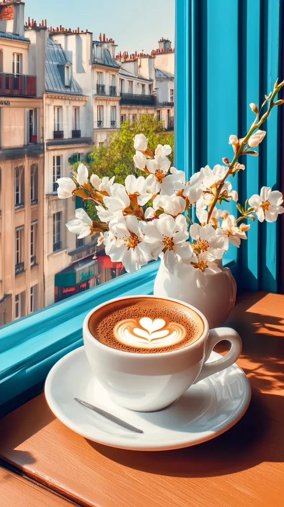 A cup of latte art coffee sits on a saucer next to a vase of white blossoms.  The window behind offers a view of Parisian buildings bathed in sunlight.  The vibrant blue window frame contrasts with the warm tones of the wood surface and the creamy coffee.  A peaceful, idyllic scene suggesting a relaxing moment.