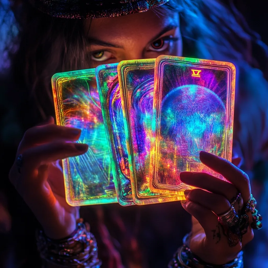 A woman with vibrant makeup and colorful jewelry holds up three iridescent tarot cards, their surfaces glowing with a spectrum of neon colors.  Her intense gaze is partially obscured by the cards, creating a mystical and enigmatic atmosphere.  The image is darkly lit, emphasizing the cards' luminescence and the woman's mysterious expression.