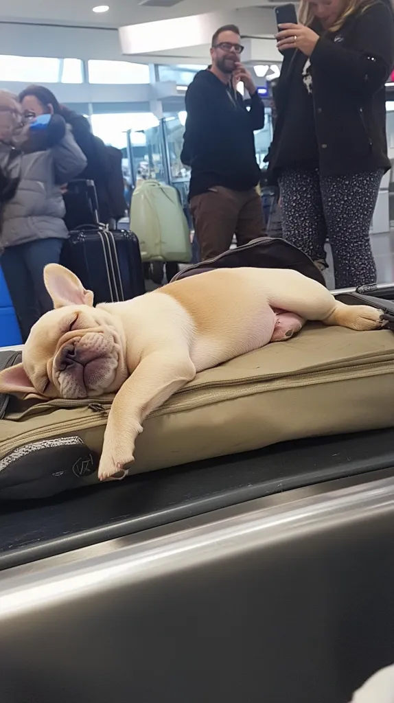 A light tan French bulldog puppy sleeps soundly on a beige suitcase resting on an airport baggage conveyor belt.  Blurred in the background, travelers with luggage wait nearby. The puppy's peaceful slumber contrasts with the bustling airport activity.  Its relaxed posture suggests a comfortable and possibly weary journey.