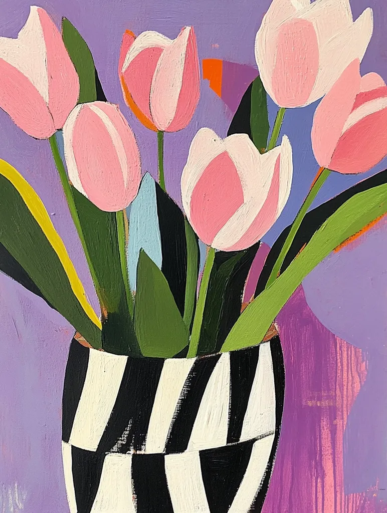 A vibrant painting depicts a bouquet of pink tulips in a bold black and white striped vase. The tulips are stylized with broad brushstrokes, their petals a soft pink with white highlights. The vase is a geometric pattern, adding a modern contrast to the floral subject. The background is a soft purple, creating a calming yet striking composition.  The style is reminiscent of modern impressionism, emphasizing texture and color.