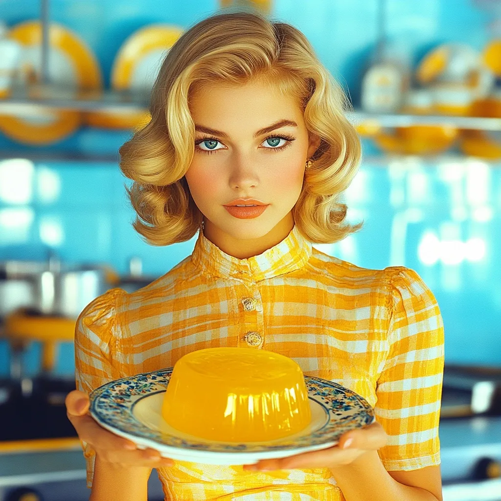 A blonde woman with a vintage hairstyle, wearing a yellow gingham dress, holds a plate with a vibrant yellow jiggly dessert.  The setting appears to be a retro-style kitchen with aqua-colored cabinets.  Her makeup is subtly applied, enhancing her striking blue eyes.  The overall image evokes a nostalgic, 1950s aesthetic.