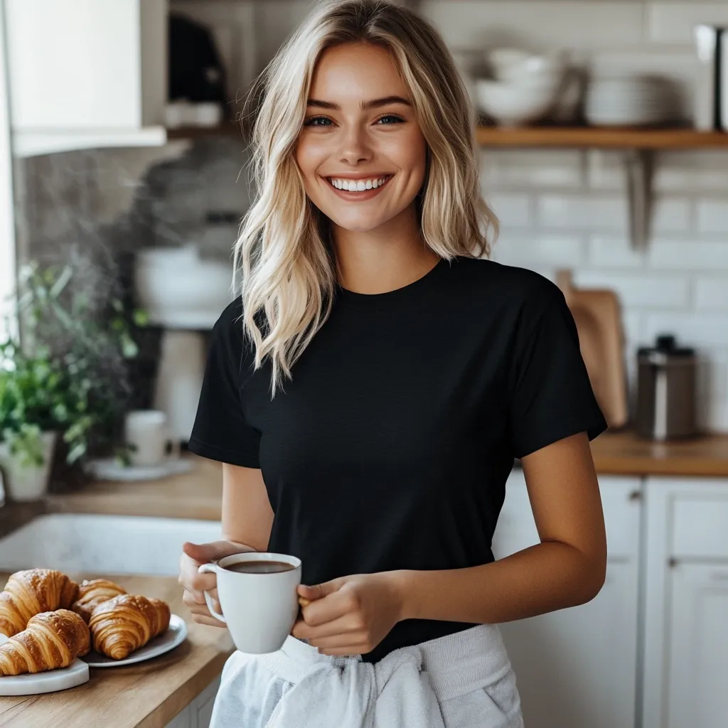 A young woman with long blonde hair smiles brightly while holding a cup of coffee in a modern kitchen. She's wearing a simple black t-shirt and light grey pants.  A plate of croissants sits on the counter beside her. The overall atmosphere is bright, clean, and inviting.