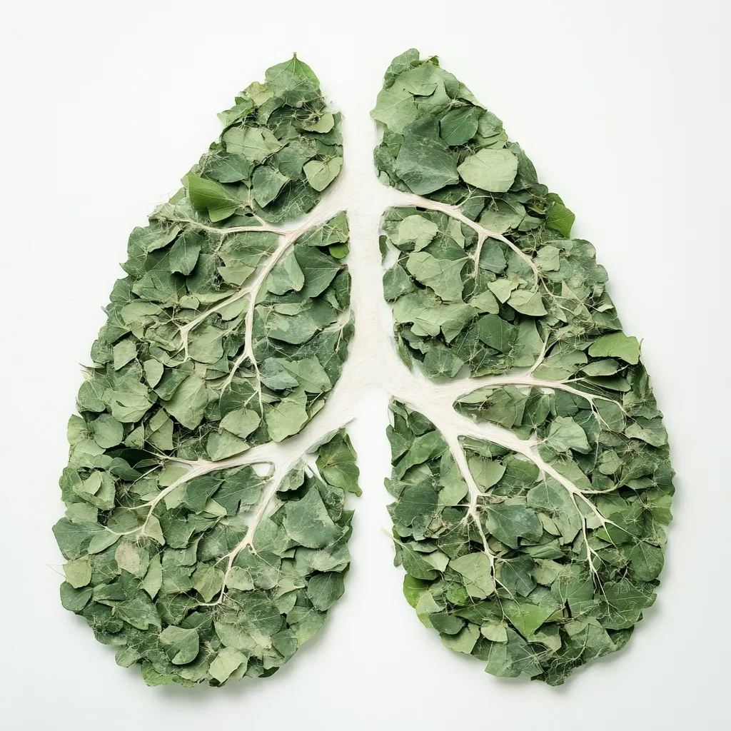 A pair of lungs is artfully crafted from numerous small, green leaves meticulously arranged on a white background.  The leaves are densely packed, forming the shape of the lungs, with visible vein-like structures created by the leaf placement. The image is a striking visual metaphor, possibly representing nature's role in respiratory health or environmental awareness.