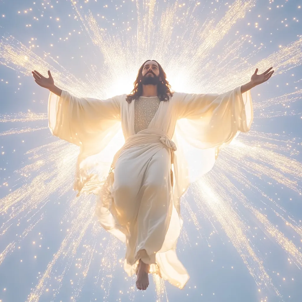 A depiction of Jesus Christ ascends into heaven, his arms outstretched in a gesture of blessing.  He is clothed in flowing white robes, bathed in a radiant golden light that explodes outward like fireworks, creating a celestial spectacle.  His serene expression and peaceful posture convey a sense of divine power and tranquility.