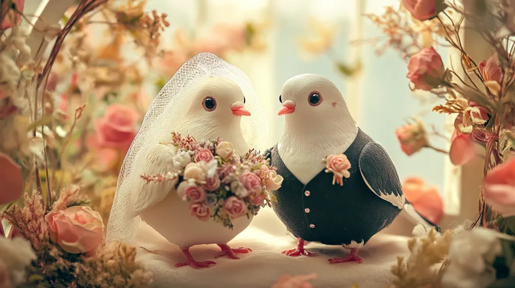 Two charming dove figurines are depicted, dressed in wedding attire.  The female dove wears a delicate veil and carries a small bouquet of pastel roses, while the male sports a miniature tuxedo.  They stand amidst a romantic setting of soft, blush-colored roses and delicate, dried floral arrangements, creating a heartwarming and idyllic wedding scene.