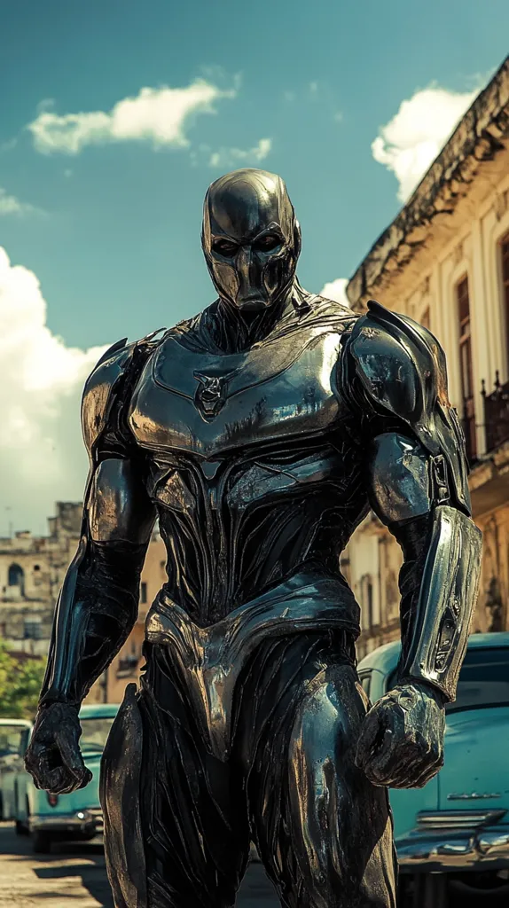 A muscular, dark-metallic humanoid figure stands in a sun-drenched Cuban street.  The figure's suit is highly detailed, with a sleek, almost biomechanical design.  Its helmet obscures its face, and its powerful physique is accentuated by the worn, vintage cars parked behind it. The background features colonial architecture under a bright, partly cloudy sky.