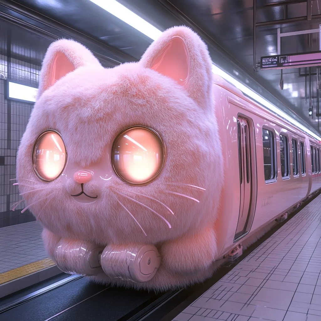 A charming pink cat-shaped train pulls into a subway station.  Its large, luminous eyes and fluffy fur give it a whimsical, adorable appearance. The train is sleek and modern, contrasting with the soft texture of the cat's face. The overall scene is calming and surreal, suggesting a fantastical journey.
