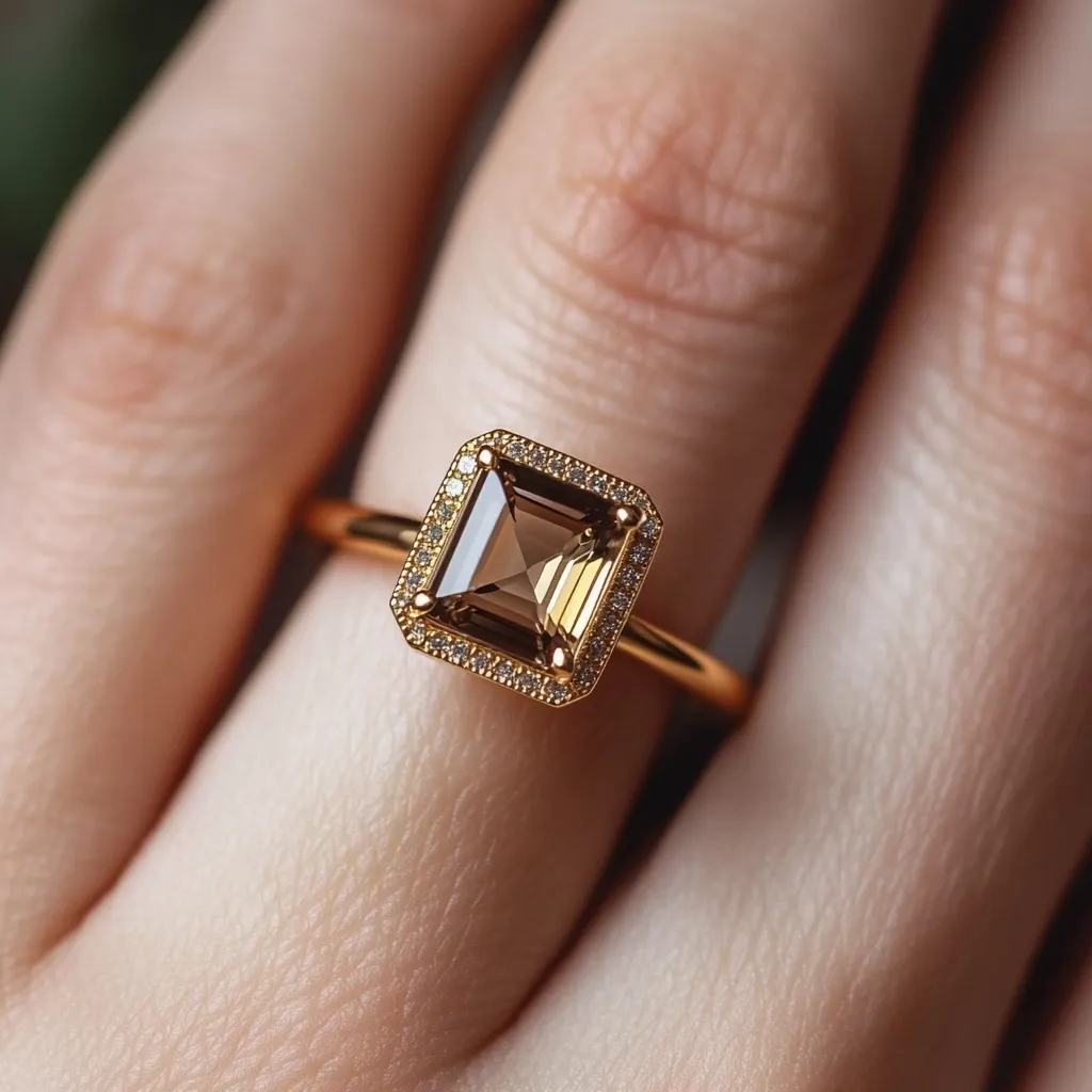 A close-up shot showcases a gold ring adorned with a square smoky quartz gemstone.  The central stone is surrounded by a halo of smaller, glittering diamonds set in a delicate gold frame. The ring rests elegantly on a fair-skinned finger, highlighting its sophisticated design and the rich brown hue of the quartz.  The image focuses on the exquisite detail of the jewelry.