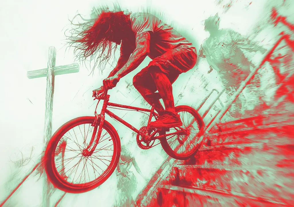 A long-haired man rides a BMX bike up a staircase, his body a vibrant red against a muted green and white background.  A wooden cross stands in the background, and blurred figures appear to be watching. The image has a gritty, stylized aesthetic, suggesting a surreal or intense moment. The motion blur emphasizes the speed and energy of the cyclist.