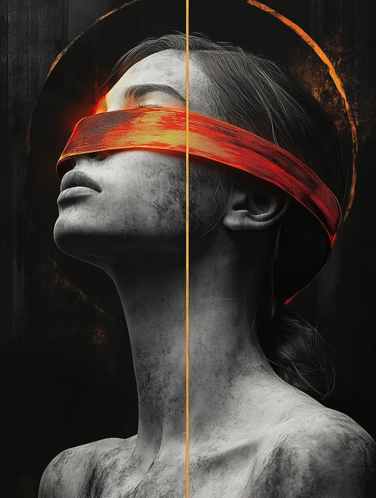 A monochromatic portrait of a woman, her eyes covered by a fiery orange band.  The image is stylized, with a textured, almost stone-like appearance to her skin. A vertical gold line bisects the portrait, adding to the artistic composition. The background is dark and moody, enhancing the dramatic effect of the glowing blindfold. The overall mood is one of mystery and perhaps, suppressed emotion.