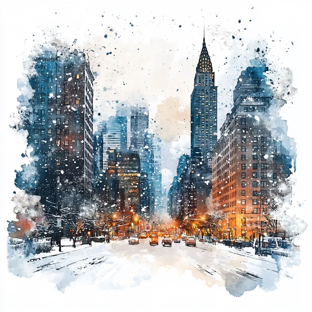 A watercolor-style painting depicts a snow-covered city street scene, likely in New York City.  The Chrysler Building is prominently featured, its spire piercing a softly falling snow.  Tall buildings line the street, illuminated by warm streetlights, contrasting with the cool tones of the snow and the buildings. Cars traverse the road, adding to the wintery urban atmosphere.  The overall effect is peaceful and evocative of a quiet, snowy evening.