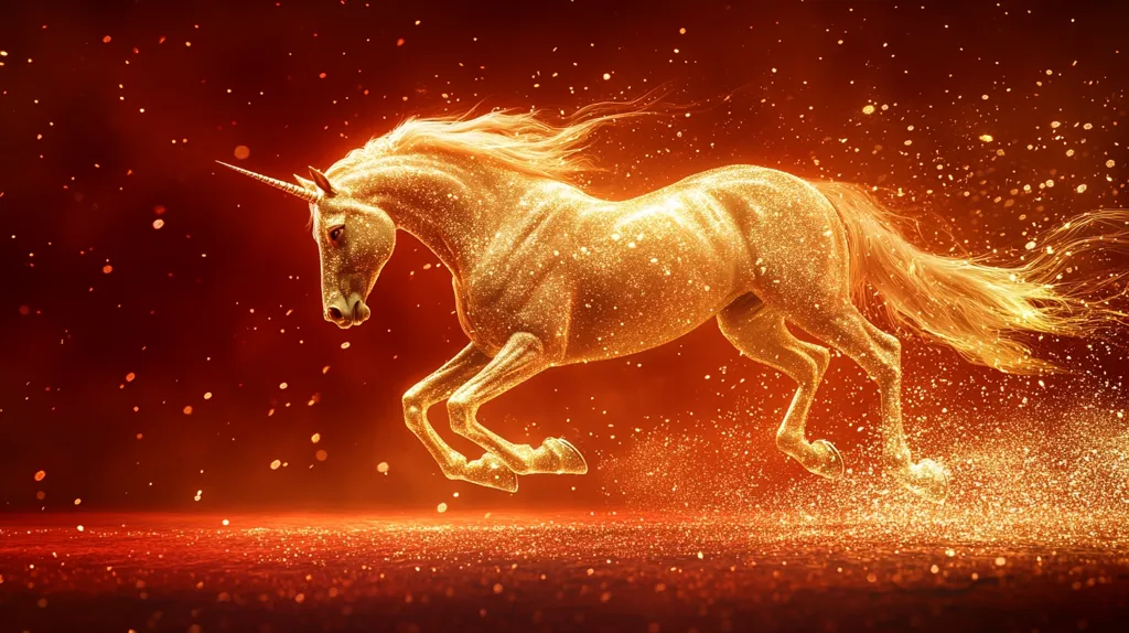 A golden unicorn gallops across a fiery red landscape, its coat shimmering with countless particles of light.  Its flowing mane and tail stream behind it, adding to the magical aura.  Sparks and glittering dust erupt from beneath its hooves, creating a dynamic and ethereal scene. The overall effect is one of power, grace, and otherworldly beauty.