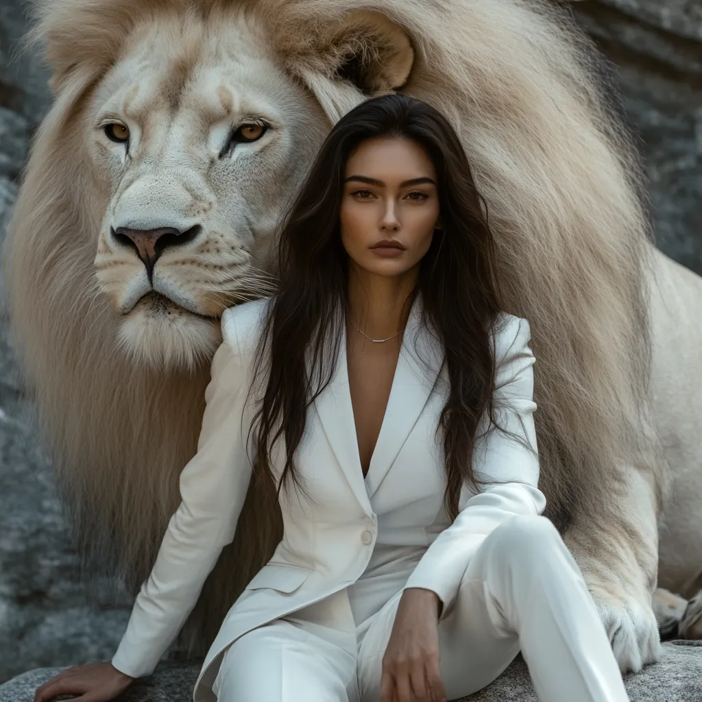 A striking image of a woman in a pristine white pantsuit, sitting calmly beside a majestic white lion.  Her dark hair cascades down her shoulders, contrasting with the lion's creamy mane.  The woman's serene expression and the lion's watchful gaze create a powerful and captivating scene, suggesting strength, elegance, and a connection with nature. The rocky backdrop adds to the dramatic mood.