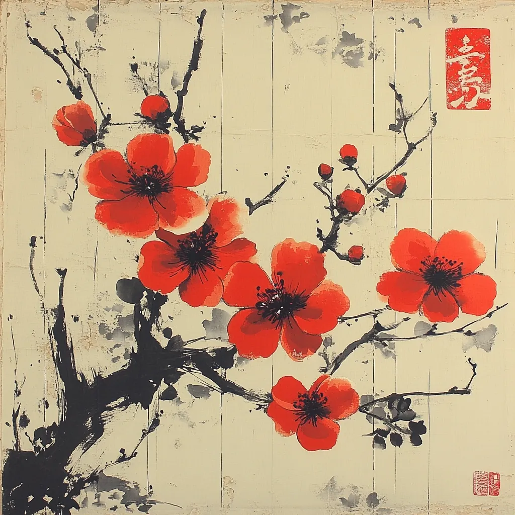 A vibrant painting showcases a branch of red plum blossoms in the style of East Asian ink wash painting.  The blossoms are rendered with bold strokes of red, contrasting against the delicate black branches and off-white background.  A sense of movement and fluidity is conveyed through the brushwork.  Chinese characters are visible, likely signifying the painting's title or theme. The overall effect is both elegant and powerful.