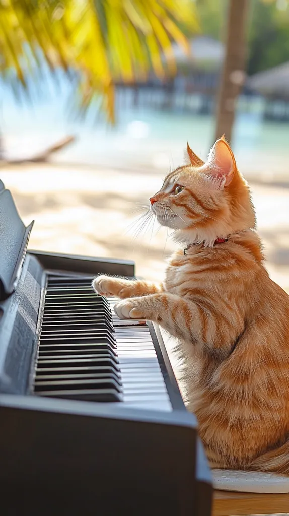A ginger cat sits at a keyboard, its paws gently resting on the keys.  The background is blurred, showing a sunny beach scene with palm trees and turquoise water. The cat appears relaxed and content, creating a serene and whimsical image.  The scene suggests a peaceful tropical getaway.