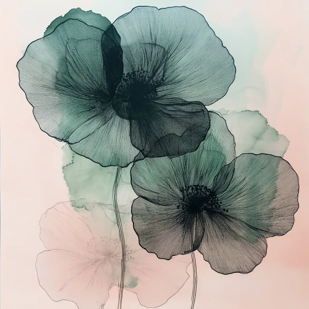 An art print features a delicate depiction of poppies.  Two prominent dark green poppies, rendered with fine black lines outlining their delicate petals, dominate the foreground.  Subtle watercolor washes in muted sage and blush pink create a soft background, enhancing the ethereal quality of the flowers.  Smaller, lighter poppies are suggested in the background, adding depth to the composition. The overall style is elegant and minimalist.