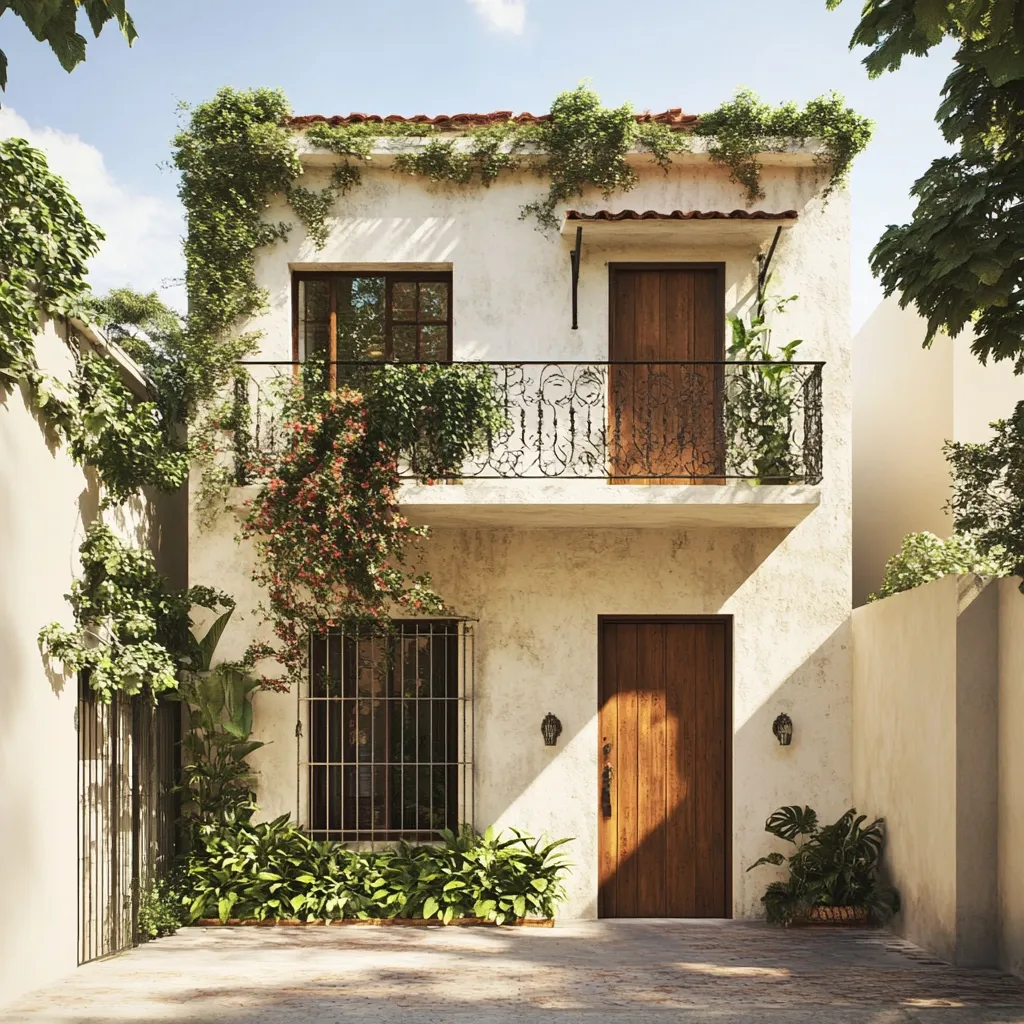 A charming two-story house, painted in a creamy white, is nestled amongst lush greenery.  Its facade features a wrought-iron balcony on the upper level, adorned with climbing plants.  Wooden doors and windows add warmth, while strategically placed exterior lights enhance the inviting atmosphere.  The house exudes a Mediterranean charm with its stucco walls and abundant foliage.  The overall effect is one of peaceful tranquility.