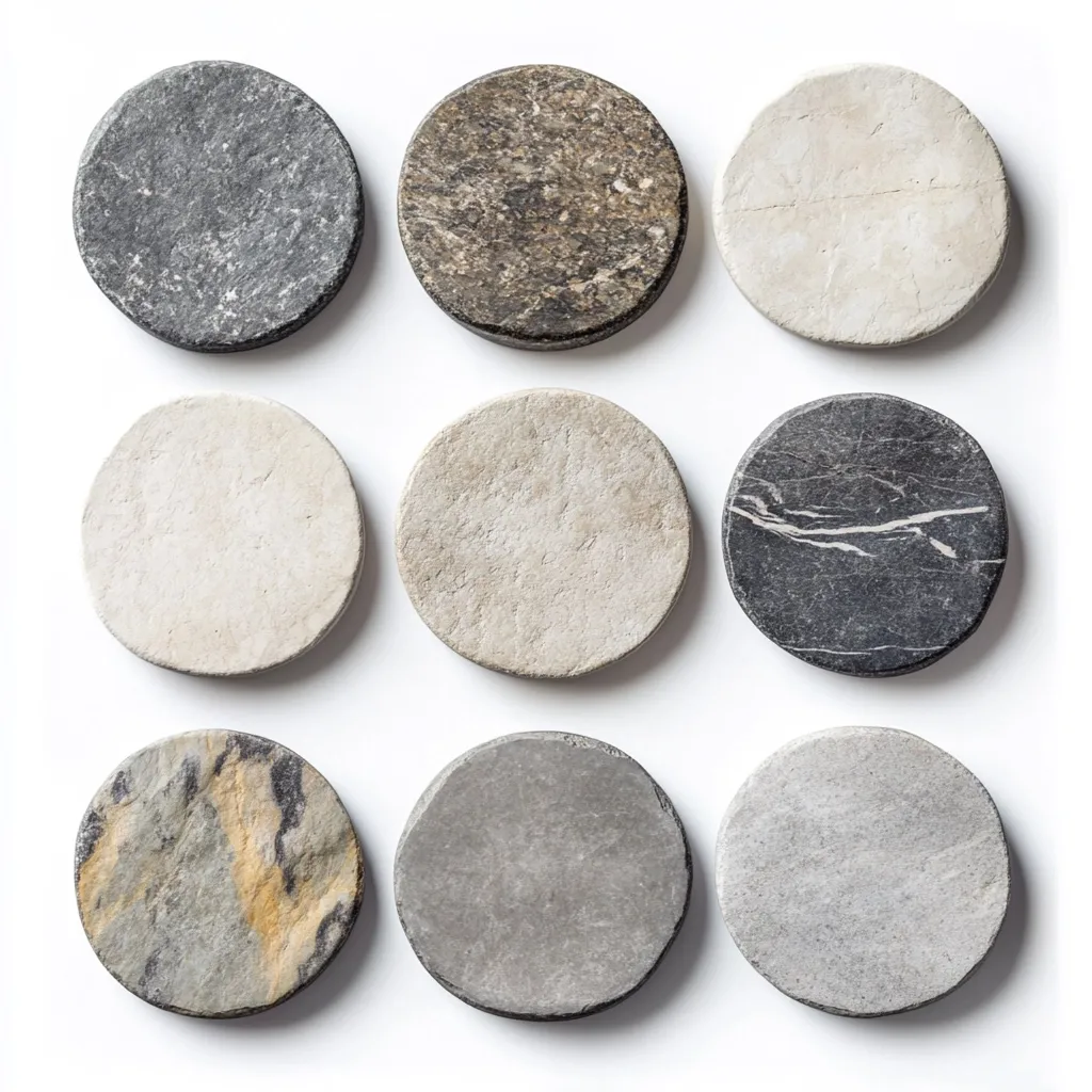 Nine round stone coasters in varying shades of grey, beige, and black are arranged in a three-by-three grid against a white background.  Each coaster displays a unique natural stone pattern and texture, showcasing subtle differences in color and veining. The image highlights the natural beauty and variation within each stone.