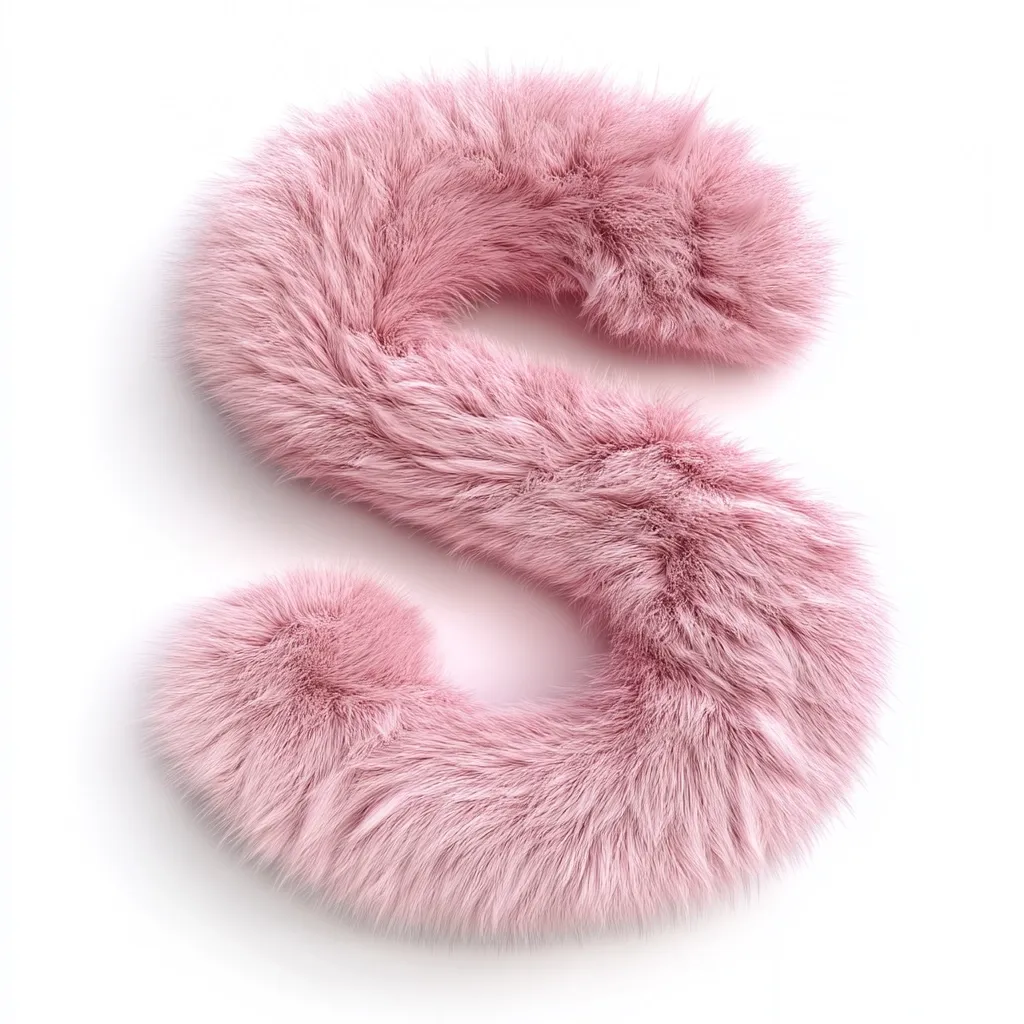 A fluffy, light pink fur piece is shaped into the letter "S."  The fur is soft and luxurious-looking, arranged in a cursive style. The letter is presented against a stark white background, highlighting the texture and color of the fur. The image is clean and simple, focusing entirely on the visually appealing letterform.