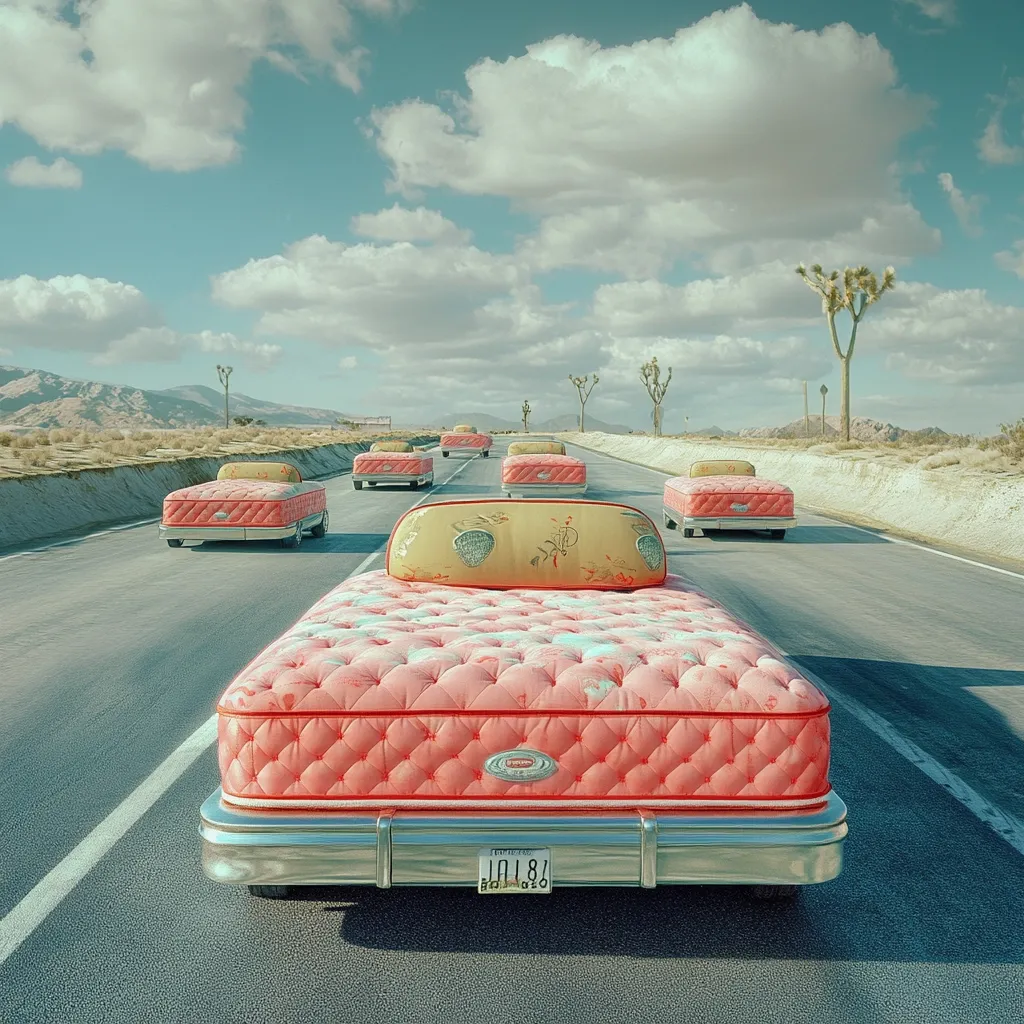 A surreal image depicts a convoy of cars, each topped with a pink mattress, driving down a desert highway.  The sky is bright blue with fluffy clouds.  Joshua trees punctuate the arid landscape. The leading car is prominently featured, showcasing a detailed mattress and California license plate.  The overall scene is whimsical and dreamlike.